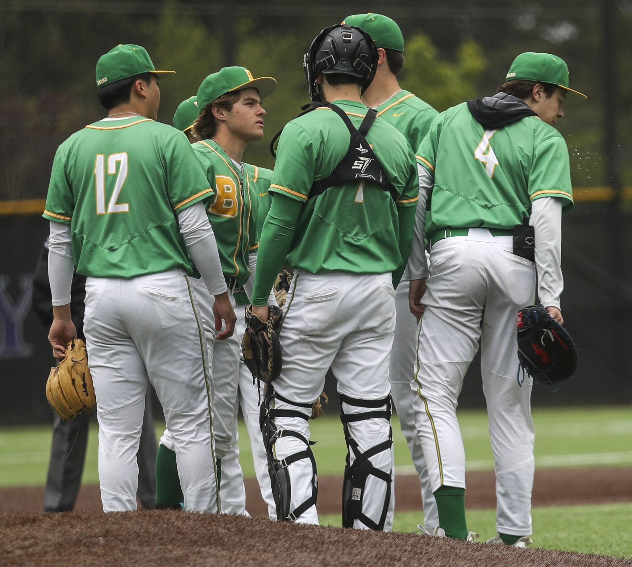 Bishop Blanchet players huddle during a baseball game between Mountlake Terrace and Bishop Blanchet at Edmonds-Woodway High School in Edmonds, Washington on Saturday, May 18, 2024. Mountlake Terrace won, 12-7.(Annie Barker / The Herald)
