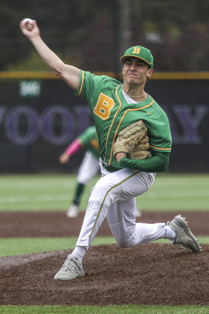 Bishop Blanchet’s Blake Jensen (10) pitches during a baseball game between Mountlake Terrace and Bishop Blanchet at Edmonds-Woodway High School in Edmonds, Washington on Saturday, May 18, 2024. Mountlake Terrace won, 12-7.(Annie Barker / The Herald)
