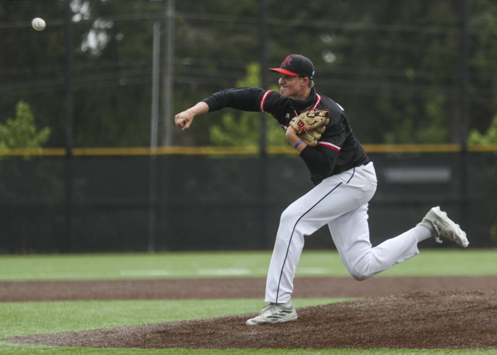 Mountlake Terrace’s Ethan Swenson (34) pitches during a baseball game between Mountlake Terrace and Bishop Blanchet at Edmonds-Woodway High School in Edmonds, Washington on Saturday, May 18, 2024. Mountlake Terrace won, 12-7.(Annie Barker / The Herald)
