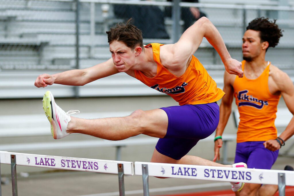 Lake Stevens’ David Brown has the fastest time in the state among Class 4A boys in the 110-meter hurdles. (Ryan Berry / The Herald)
