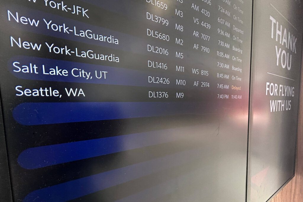 A Delta Airlines flight tracker sign board is pictured on Tuesday, May 21, 2024. (Jordan Hansen/The Herald)
