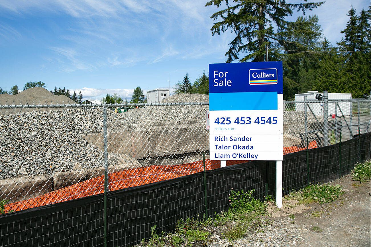 A "for sale" sign is posted outside Mountain Loop Mine’s Everett Aggregate Yard on Thursday, May 30, 2024, in Everett, Washington. (Ryan Berry / The Herald)