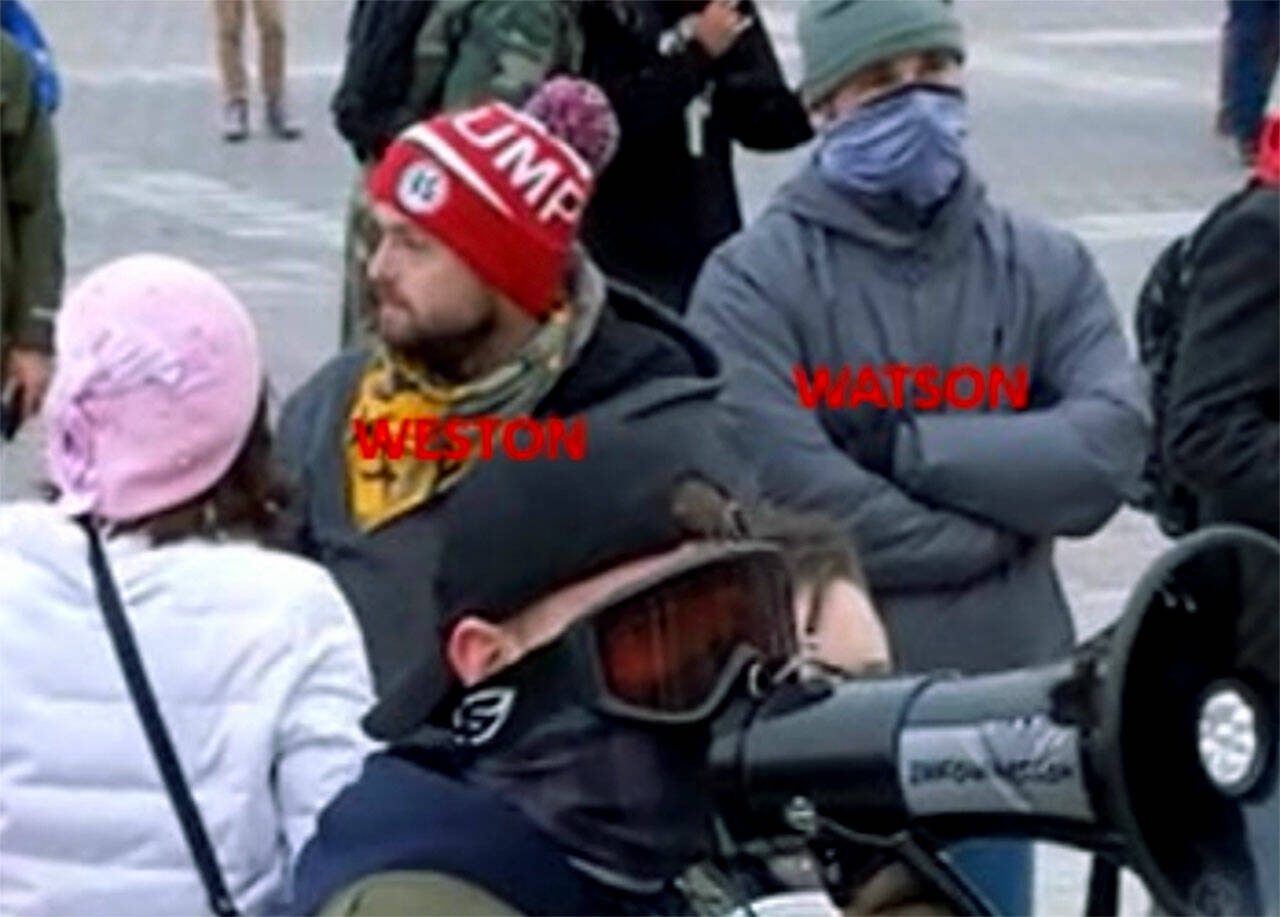 Federal prosecutors say the two men shown here outside the U.S. Capitol on Jan. 6, 2021, are Tucker Weston, left, and Jesse Watson. (U.S. Attorney’s Office for the District of Columbia)