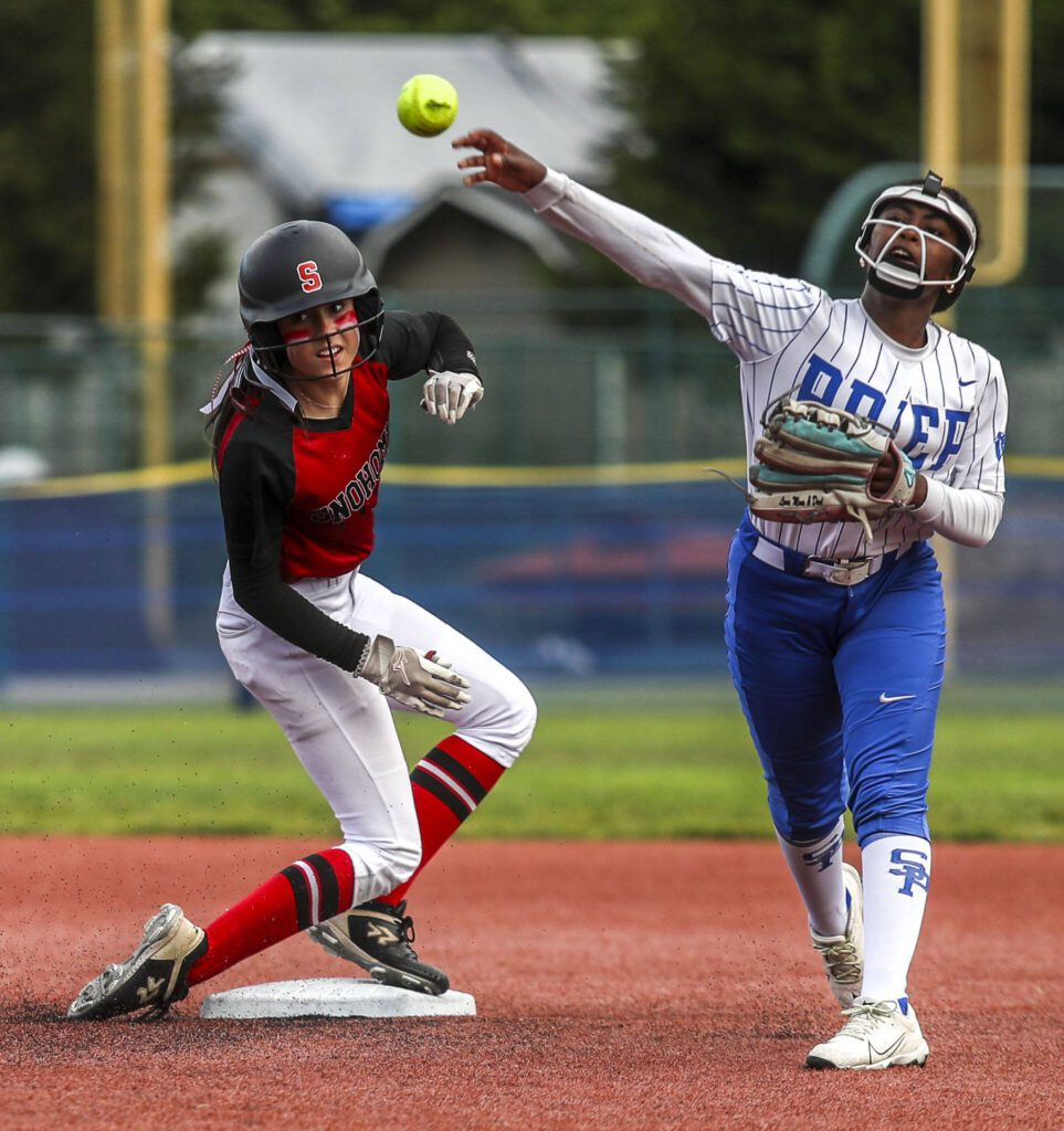 Snohomish’s Hannah Siegler (24) tries to steal at second during a 3A softball game between Snohomish and Seattle Prep at the regional athletic complex in Lacey, Washington on Friday, May 24, 2024. Snohomish won, 8-0. (Annie Barker / The Herald)
