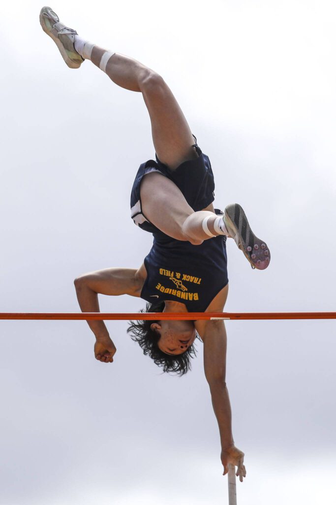 Bainbridge’s Yafei Shou competes in the Boys pole vault 3A during the Class 4A, 3A, 2A track and field state championships at Mount Tahoma High School in Tacoma, Washington on Saturday, May 25, 2024. (Annie Barker / The Herald)
