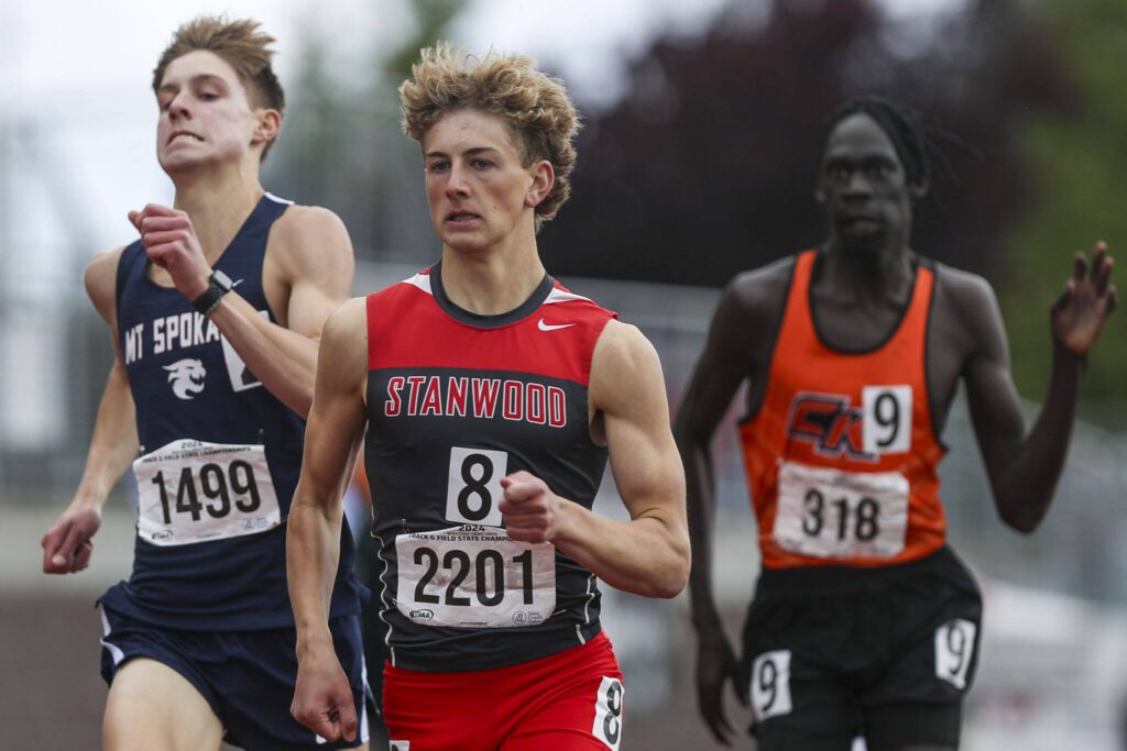 Stanwood’s Ryan Khoury runs in the Boys 800M 3A race during the Class 4A, 3A, 2A track and field state championships at Mount Tahoma High School in Tacoma, Washington on Saturday, May 25, 2024. (Annie Barker / The Herald)
