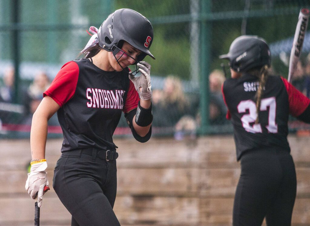 Snohomish’s Hannah Siegler becomes emotional after striking out in the final inning of the 3A state softball championship game against Auburn Riverside on Saturday, May 25, 2024 in Lacey, Washington. (Olivia Vanni / The Herald)
