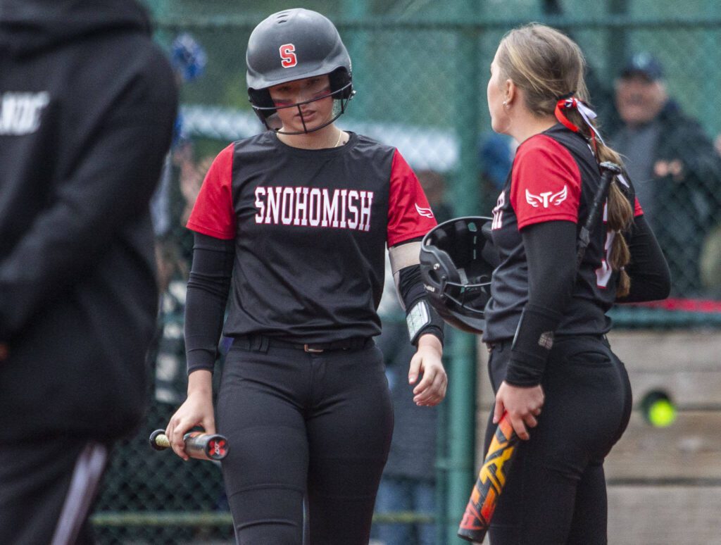 Snohomish’s Alexandra Flohr grimaces after the final out is made in the 3A state softball championship game against Auburn Riverside on Saturday, May 25, 2024 in Lacey, Washington. (Olivia Vanni / The Herald)

