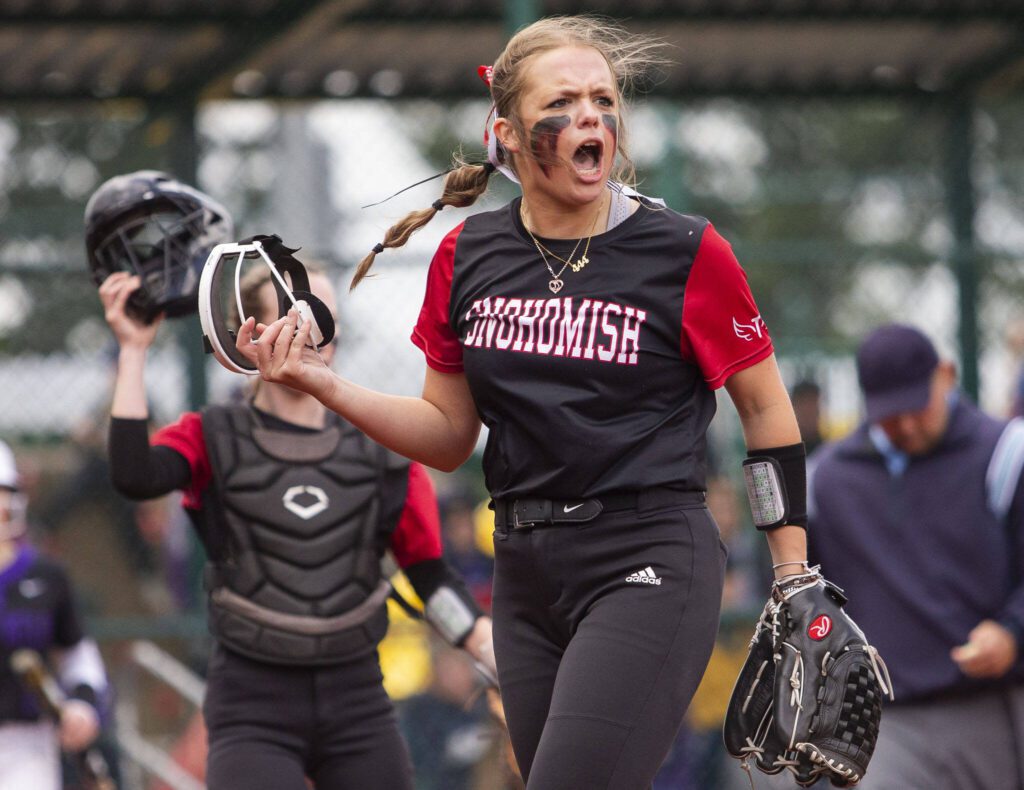 Snohomish’s Alexandra Flohr celebrates getting an out during the 3A state softball semifinal game against Garfield on Saturday, May 25, 2024 in Lacey, Washington. (Olivia Vanni / The Herald)
