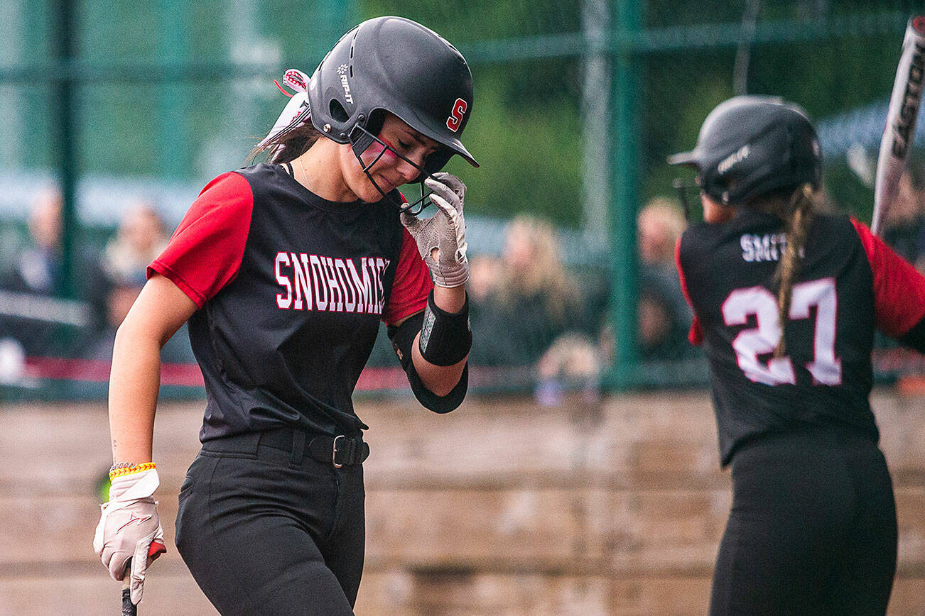 Snohomish’s Hannah Siegler becomes emotional after striking out in the final inning of the 3A state softball championship game against Auburn Riverside on Saturday, May 25, 2024 in Lacey, Washington. (Olivia Vanni / The Herald)