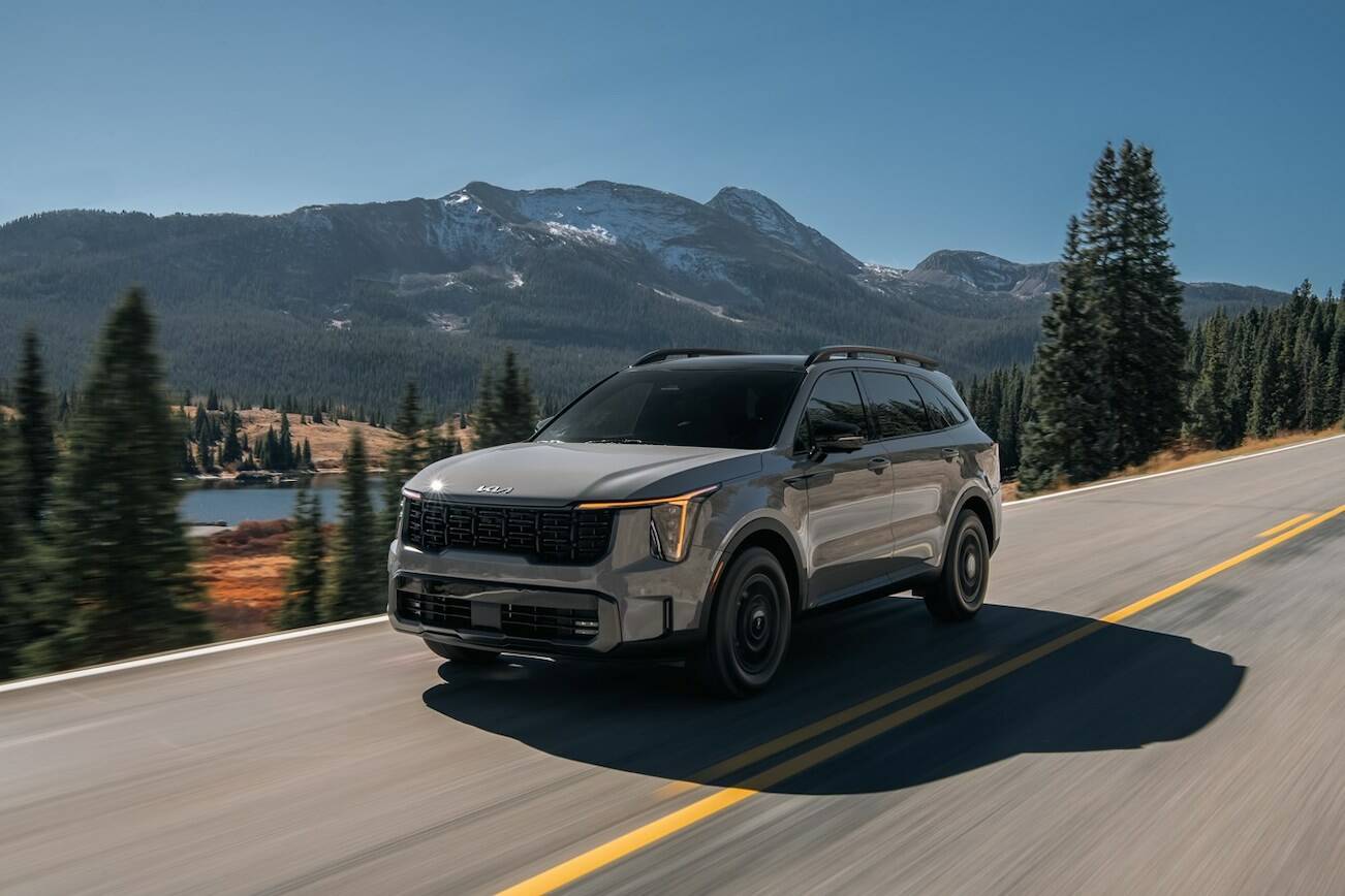 The 2024 Kia Sorento has an upright hood and squared off edges, with distinctive daytime running lights. (Photo provided by Kia)