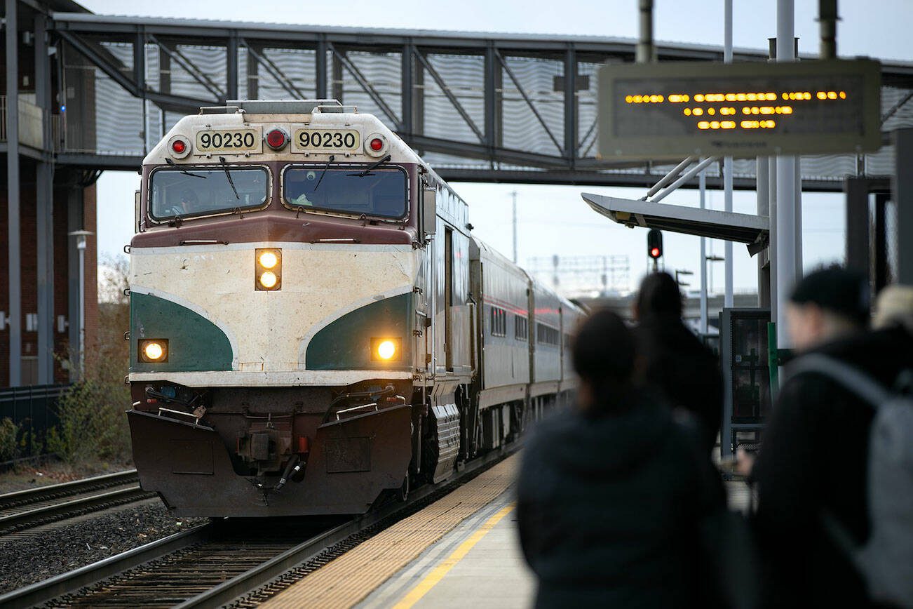Amtrak Cascades train 517 from Vancouver to Portland arrives at Everett Station Thursday, March 9, 2023, in downtown Everett, Washington. (Ryan Berry / The Herald)