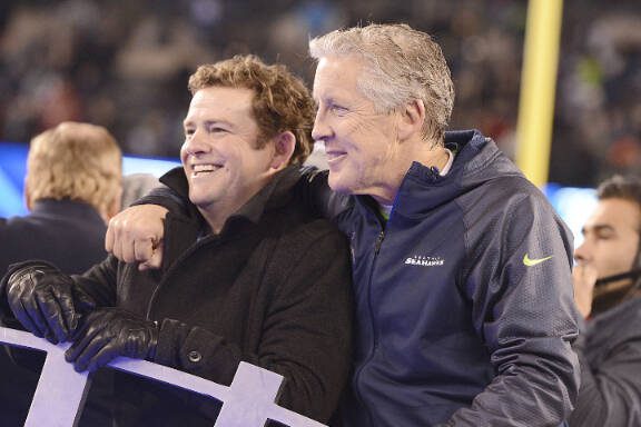 Head coach Pete Carroll of the Seattle Seahawks, right, celebrates with General Manager John Schneider at the end of Super Bowl XLVIII at MetLife Stadium in East Rutherford, N.J., on Sunday, Feb. 2, 2014. The Seattle Seahawks defeated the Denver Broncos, 43-8. (Lionel Hahn/Abaca Press/MCT)