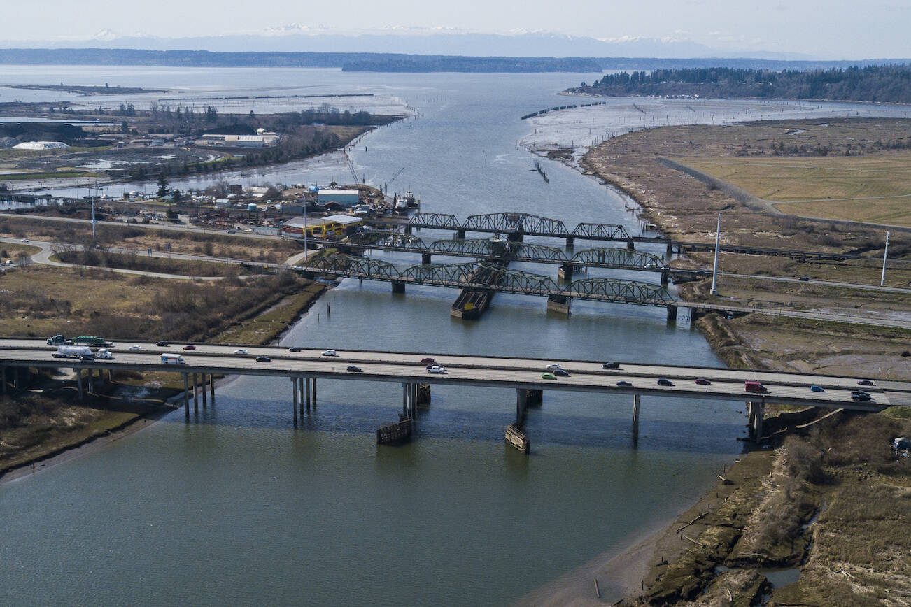 The I-5, Highway 529 and the BNSF railroad bridges cross over Union Slough as the main roadways for north and southbound traffic between Everett and Marysville. (Olivia Vanni / The Herald)