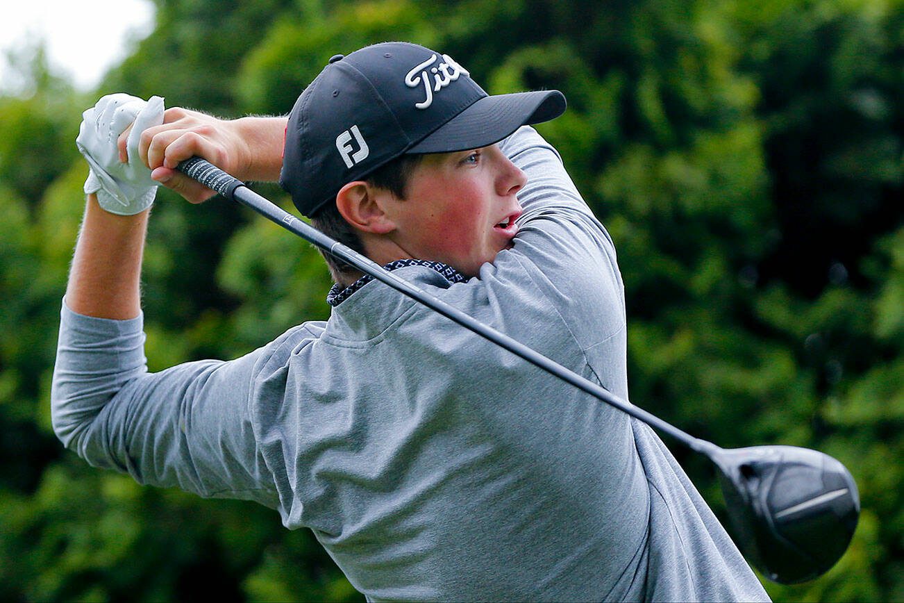 Conrad Chisman tees off during the 93rd Annual Snohomish County Amateur Championship on Monday, May 27, 2024, at the Everett Golf and Country Club in Everett, Washington. (Ryan Berry / The Herald)