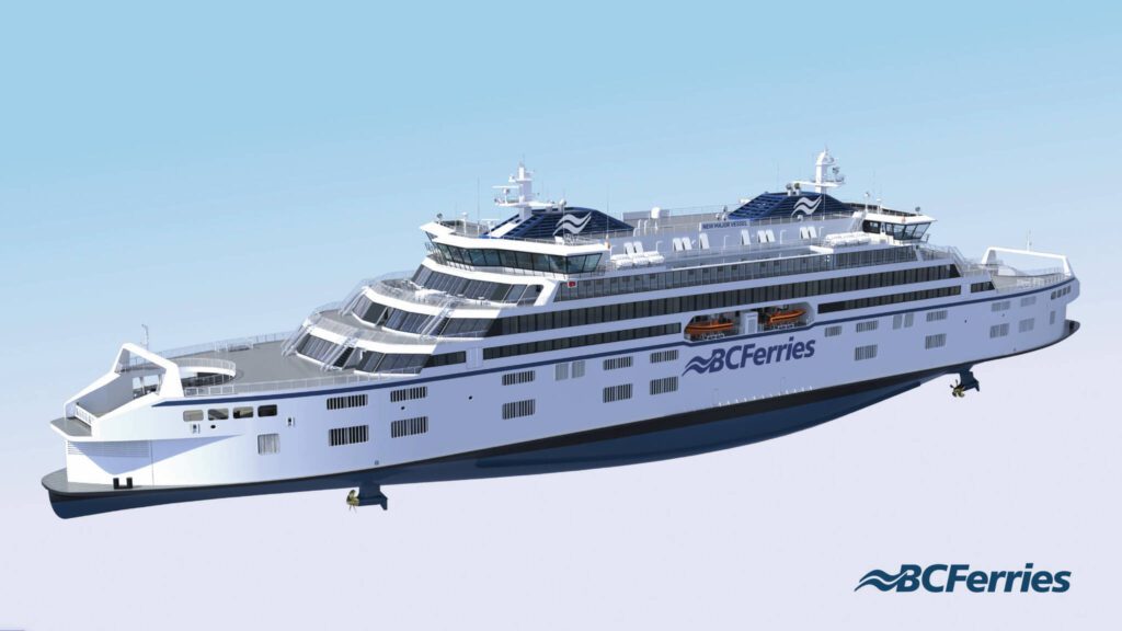Conceptual rendering of a hybrid-electric design for a 360-car ferry that our neighbors at British Columbia Ferries are shopping to shipyards locally and internationally. (Photo provided by British Columbia Ferries)
