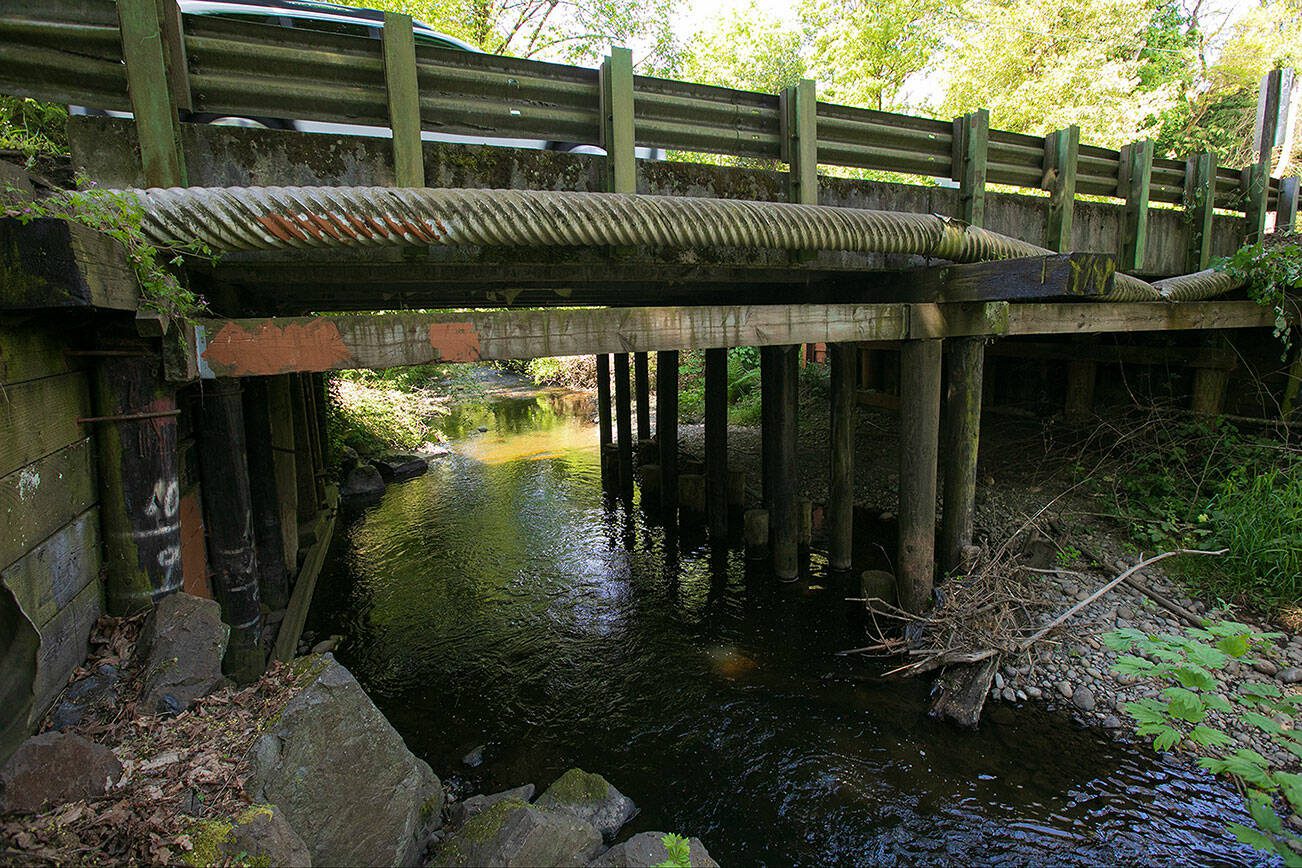 The age of bridge 503 that spans Swamp Creek can be seen in its timber supports and metal pipes on Wednesday, May 15, 2024, in Lynnwood, Washington. The bridge is set to be replaced by the county in 2025. (Ryan Berry / The Herald)