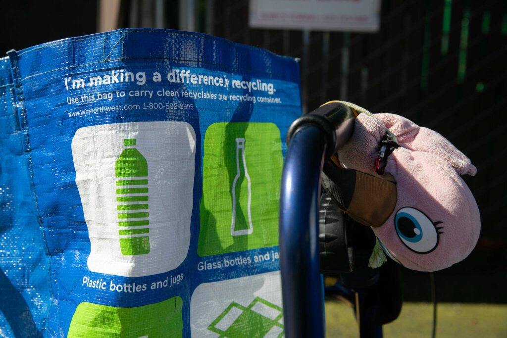 A Waste Management tote bag meant for recycling rests on Jeanette Merkey’s walker on Friday, June 7, 2024, in Everett, Washington. Merkey said she’s been using the bag for a couple years. (Ryan Berry / The Herald)
