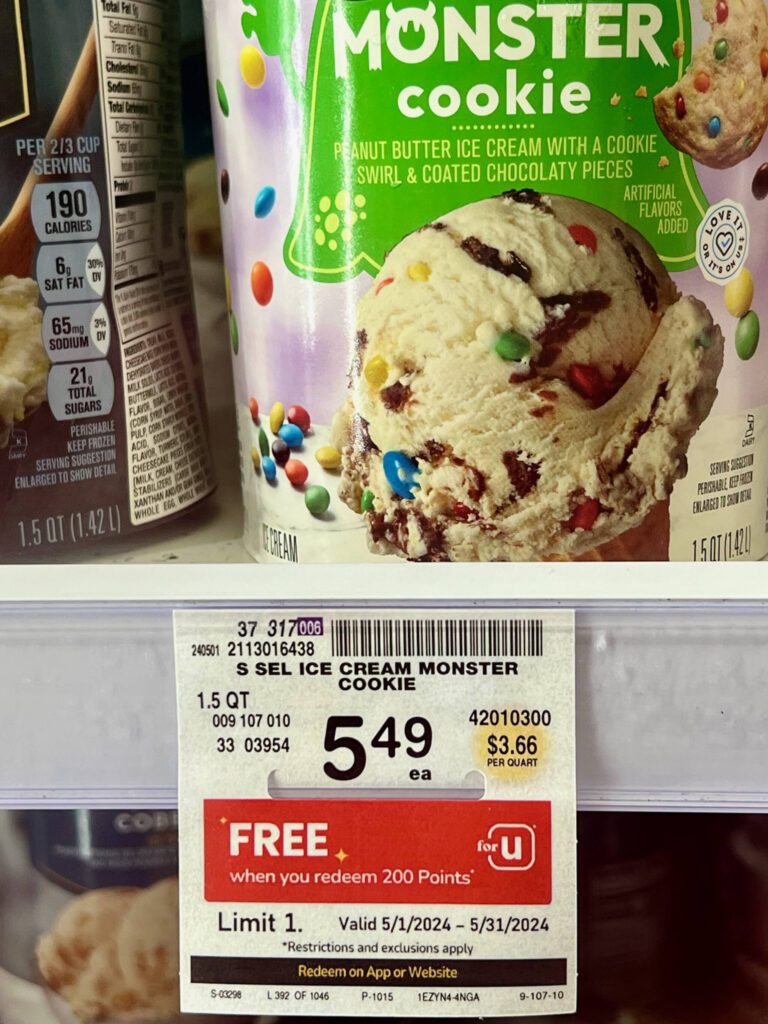 A price tag underneath a carton of Safeway Signature Select ice cream shows how customers can obtain a free carton of ice cream on Tuesday, May 21, 2024, in Everett, Washington. (Andrea Brown / The Herald)
