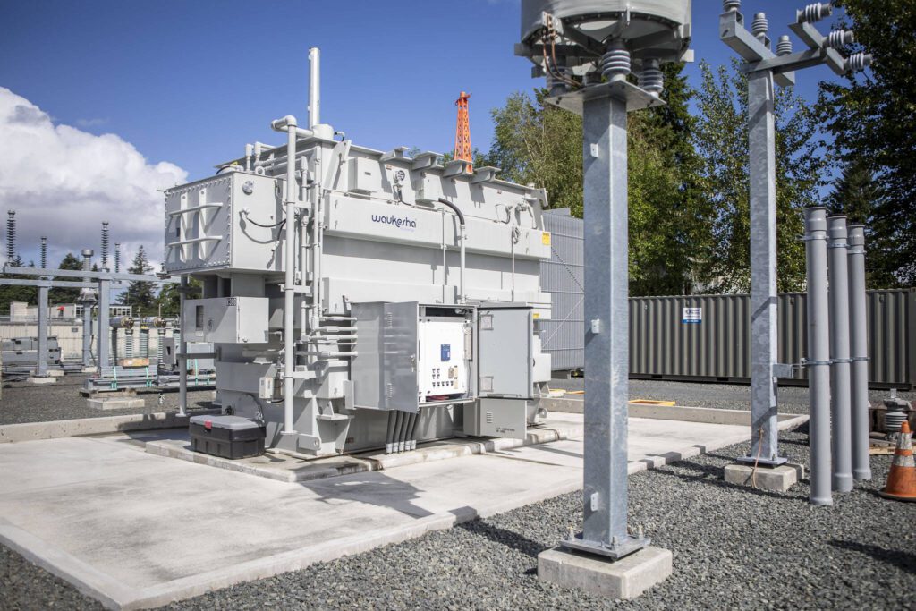 The new transformer at the Jennings Park Substation in Marysville, Washington on Wednesday, June 5, 2024. (Annie Barker / The Herald)
