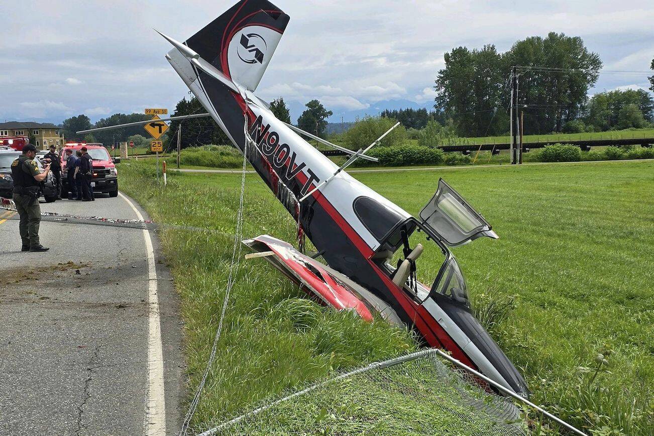 Snohomish County Fire District #4 respond to a plane that skidded off a runway into through a fence and struck a pick up truck on Saturday June 1. There were no injuries. (Photo provided by Snohomish County Fire District #4)