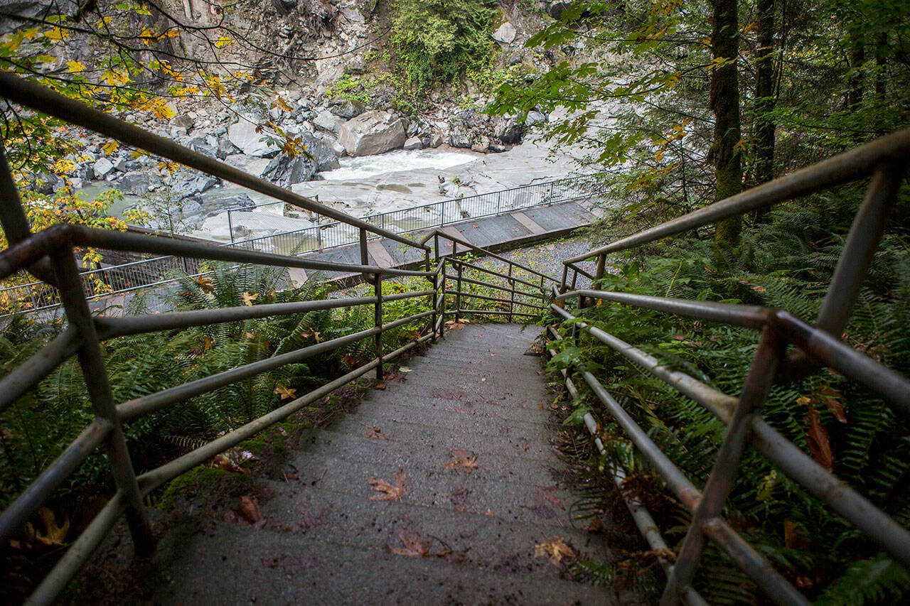 The stairs to the Granite Falls Fishway on Oct. 7, 2018 in Granite Falls, Wa. (Olivia Vanni / The Herald)