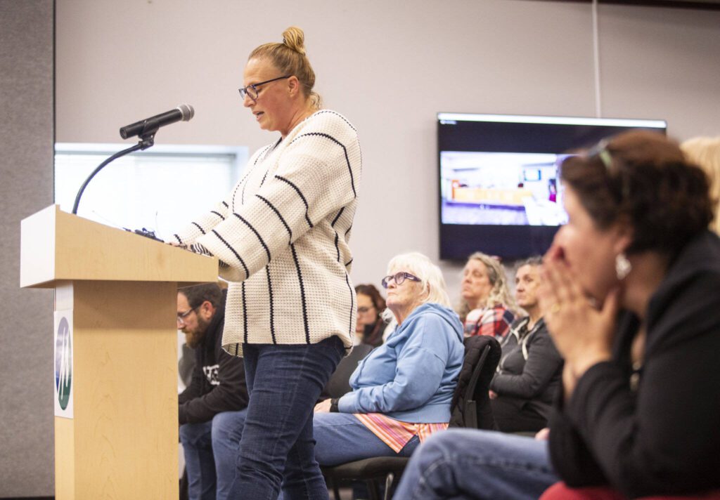 Amy Hill speaks during a Marysville School Board meeting on Monday, June 3, 2024, in Marysville, Washington. (Olivia Vanni / The Herald)
