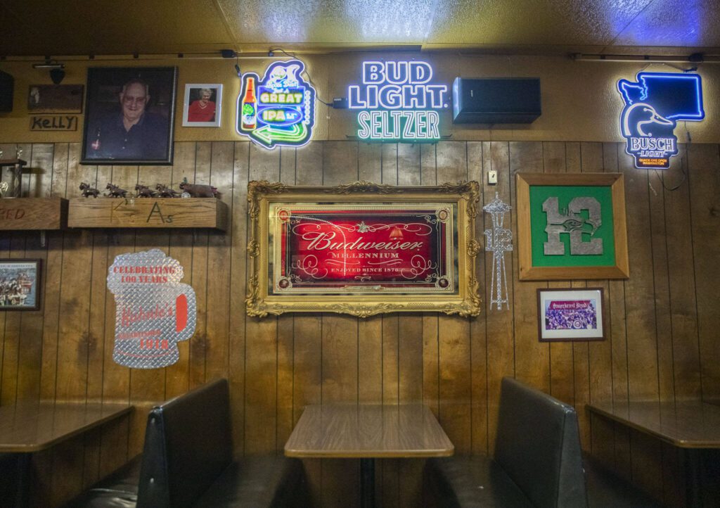 An empty bar booth at Kuhnle’s Tavern on June 17, 2024 in Marysville. (Olivia Vanni / The Herald)
