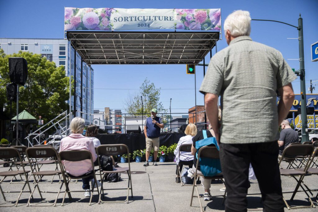 People listen to a talk on hydrangeas during Sorticulture on Friday, June 7, 2024, in Everett, Washington. (Olivia Vanni / The Herald)
