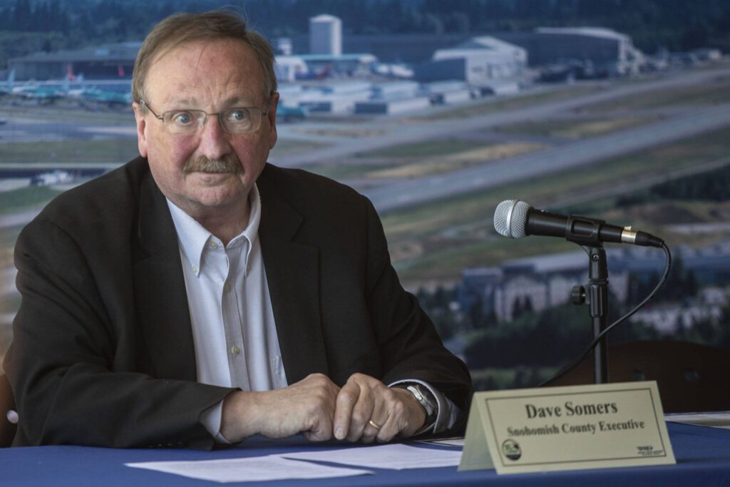 County executive Dave Somers speaks during a roundtable discussion at the Paine Field Airport Maintenance Department in Everett, Washington on Thursday, June 6, 2024. Members of the industry discussed how the FAA Reauthorization bill, signed into law last month, is expected to benefit Paine Field. (Annie Barker / The Herald)

