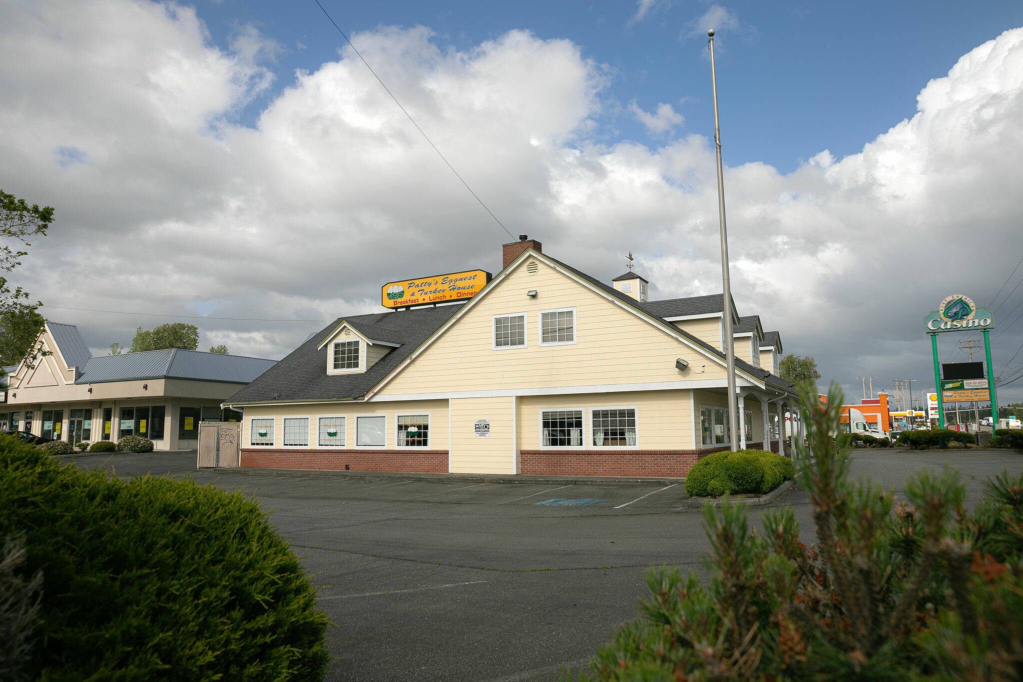 Patty’s Eggnest & Turkey House at 4th and 128th sits on property acquired by Sno-Isle Libraries as part of the Mariner Community Campus project, pictured on Tuesday, June 4, 2024, in Everett, Washington. (Ryan Berry / The Herald)
