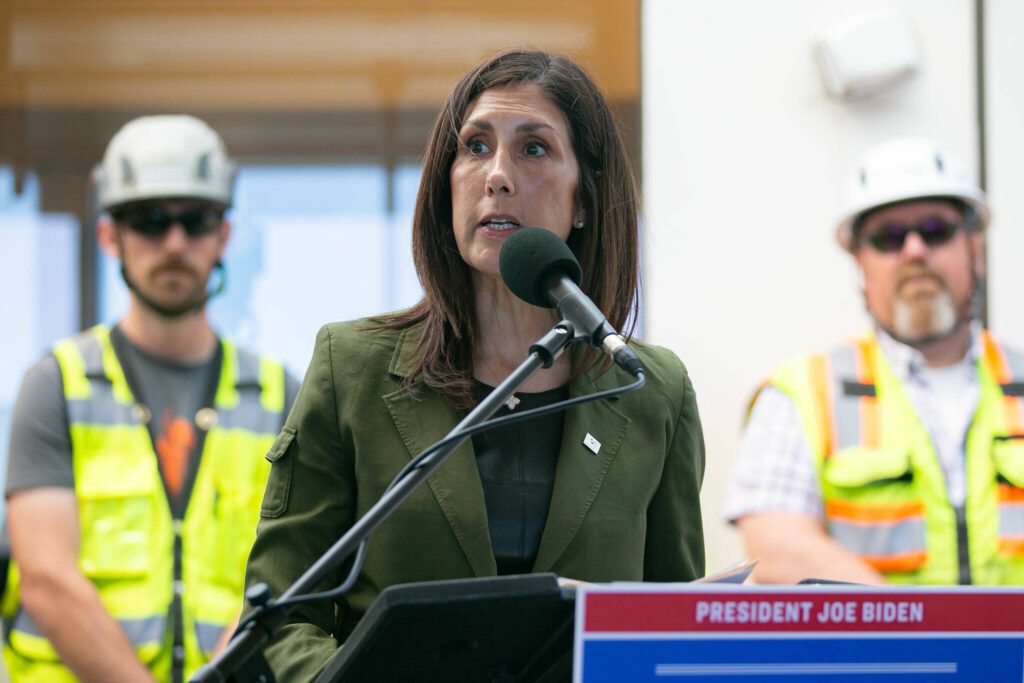 Sound Transit Deputy CEO of Megaproject Delivery Terri Mestas speaks during a press event at the Lynnwood City Center Link Station on Friday, June 7, 2024, in Lynnwood, Washington. (Ryan Berry / The Herald)
