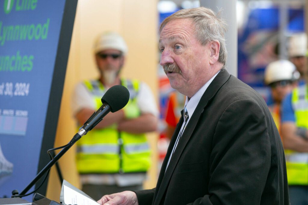 Snohomish County Executive and Sound Transit Board Vice Chair Dave Somers speaks during a press event at the Lynnwood City Center Link Station on Friday, June 7, 2024, in Lynnwood, Washington. (Ryan Berry / The Herald)
