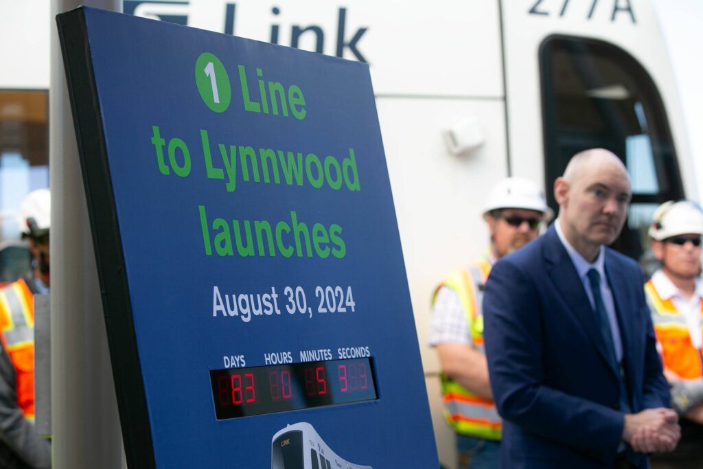 A countdown marks 83 days until the opening of the Lynnwood Link during a press event at the Lynnwood City Center Link Station on Friday, June 7, 2024, in Lynnwood, Washington. (Ryan Berry / The Herald)

