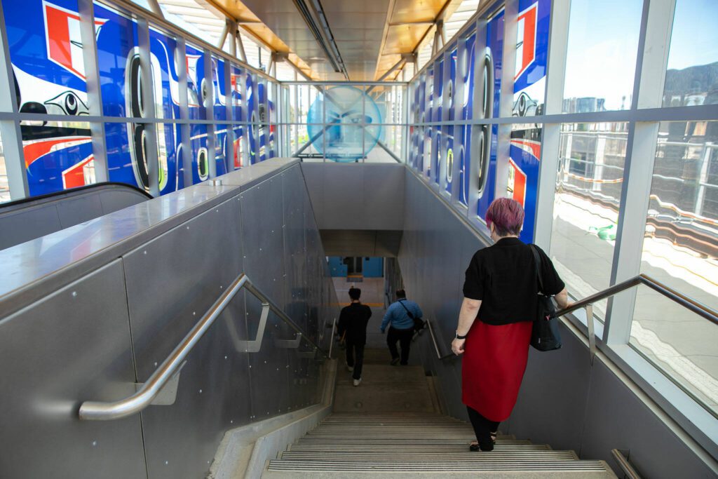 Mountlake Terrace Mayor Kyoko Matsumoto Wright walks down the stairs from the platform following a press event at the Lynnwood City Center Link Station on Friday, June 7, 2024, in Lynnwood, Washington. (Ryan Berry / The Herald)
