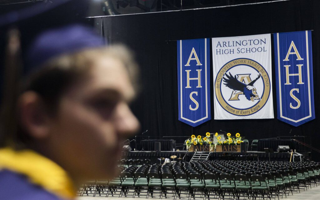 Rows of seats cover the floor at Angel of the Winds Arena before the start of Arlington High School graduation on Thursday, June 13, 2024, in Everett, Washington. (Olivia Vanni / The Herald)
