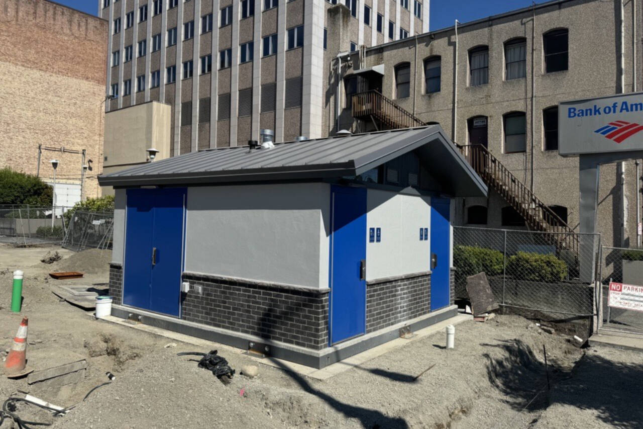 A new two-stall public restroom is under construction at the northeast corner of the Everett Municipal Building’s parking lot in Everett, Washington. (Courtesy of the City of Everett)