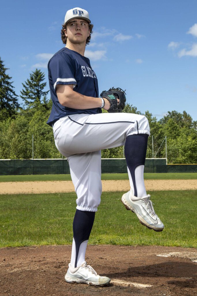 Glacier Peak’s Karsten Sweum (10) poses for a portrait as The Herald’s Baseball Player of the Year at Glacier Peak High School on Tuesday, June 18, 2024 in Snohomish, Washington. (Annie Barker / The Herald)
