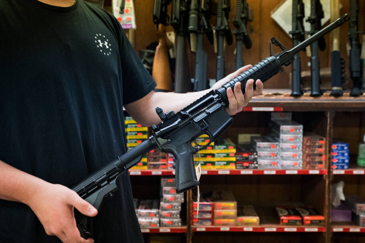 An AR-15 style firearm at Clark Brothers Gun Shop in Warrenton, Va., Feb. 25, 2018. The Supreme Court ruled last week against an ATF regulation that banned the sale and possession of gump stocks for such firearms. (Erin Schaff / The New York Times)