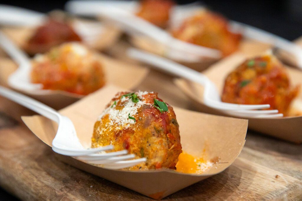 Pork meatballs from Bothell’s The Cottage at Crave! Northwest food festival at the Lynnwood Event Center on Friday, June 21, 2024, in Lynnwood, Washington. (Ryan Berry / The Herald)
