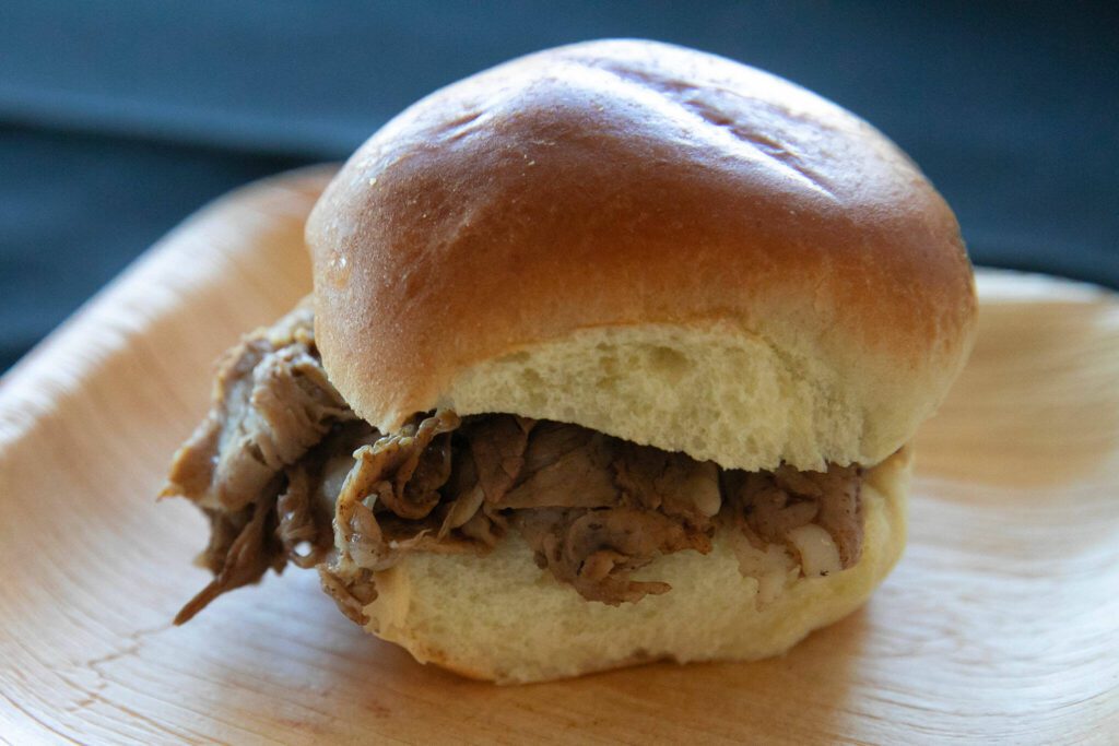 A prime rib slider from The Victor Tavern at Crave! Northwest food festival at the Lynnwood Event Center on Friday, June 21, 2024, in Lynnwood, Washington. (Ryan Berry / The Herald)
