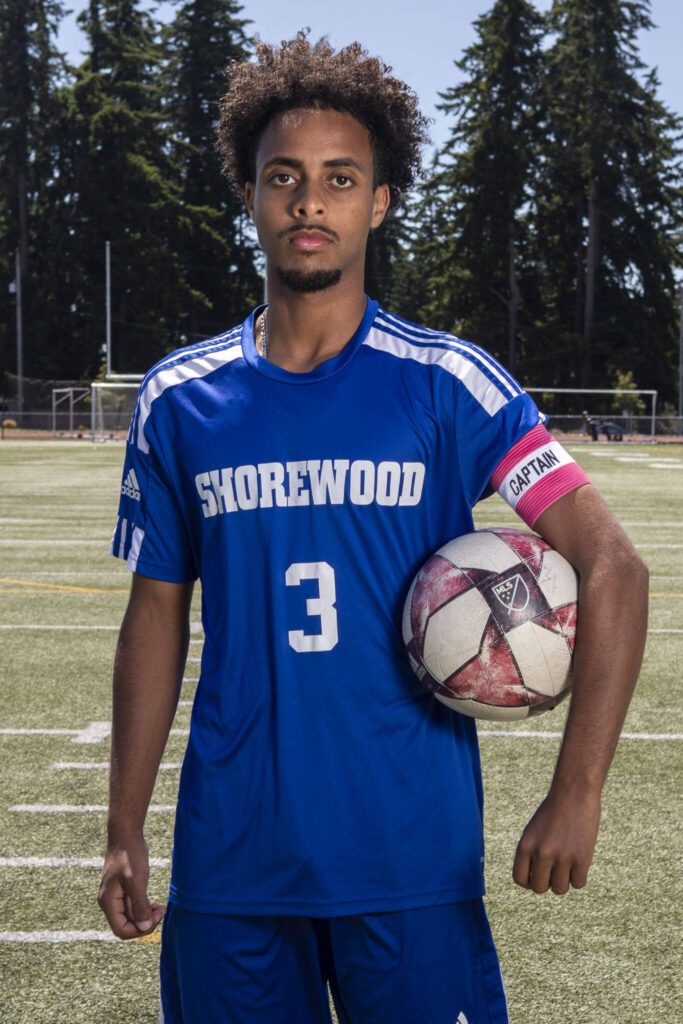 Shorewood senior Isaak Abraham poses for a portrait as The Herald’s Boys Soccer Player of the Year at Shorewood High School on Wednesday, June 19, 2024 in Shoreline, Washington. (Annie Barker / The Herald)
