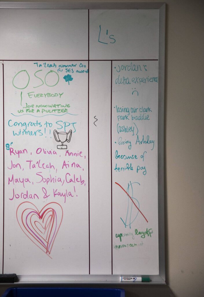 A whiteboard listing “L’s” and “W’s” in the Herald newsroom on Wednesday, June 19, 2024 in Everett, Washington. (Olivia Vanni / The Herald)

