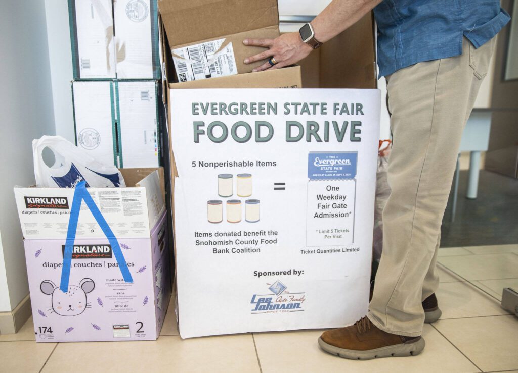 A full box of donations at Lee Johnson Hyundai of Everett on Tuesday, June 25, 2024 in Everett, Washington. (Olivia Vanni / The Herald)
