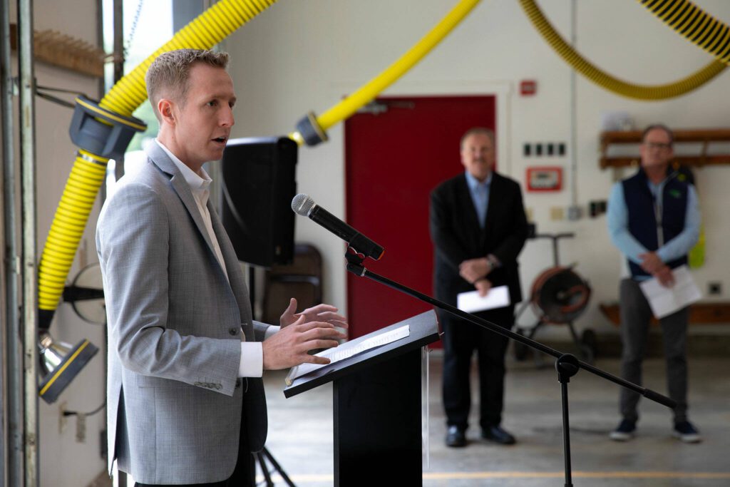 Snohomish County Council Vice Chair Nate Nehring speaks during a press conference and groundbreaking for the SR 530 Broadband Project on Wednesday, June 26, 2024, at Darrington Fire District Station 38 outside Darrington, Washington. (Ryan Berry / The Herald)
