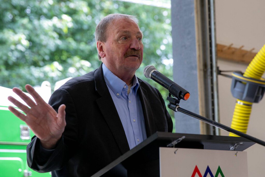 Snohomish County Executive Dave Somers speaks during a press conference and groundbreaking for the SR 530 Broadband Project on Wednesday, June 26, 2024, at Darrington Fire District Station 38 outside Darrington, Washington. (Ryan Berry / The Herald)
