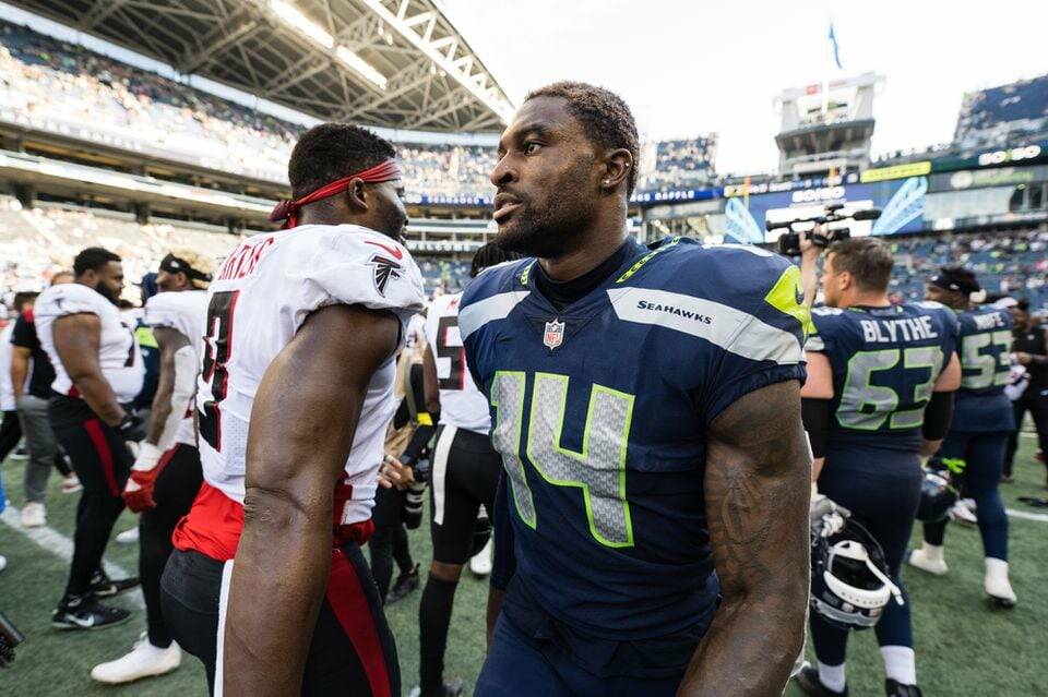 Seahawks receiver DK Metcalf (14) looks on after the Atlanta Falcons beat the Seattle Seahawks 27-23 in an NFL game at Lumen Field in Seattle on Sunday, Sept. 25, 2022. (Naji Saker/Tribune News Service)