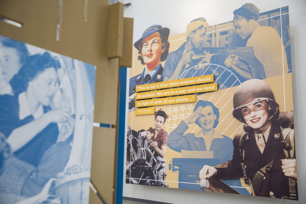 The Her Story: The Roles of Women in WWII display in the Charlie Hangar at the Flying Heritage & Combat Armor Museum on Friday, March 29, 2024 in Everett, Washington. (Olivia Vanni / The Herald)
