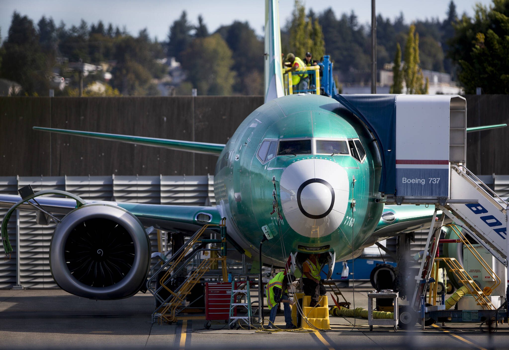 A 737 Max airplane at Boeing’s facilities in Renton, Wash., Oct. 2, 2019. The Department of Justice said on Tuesday, May 14, 2024, that Boeing was in violation of a 2021 settlement related to problems with the company’s 737 Max model that led to two deadly plane crashes in 2018 and 2019. (Lindsey Wasson/The New York Times)
