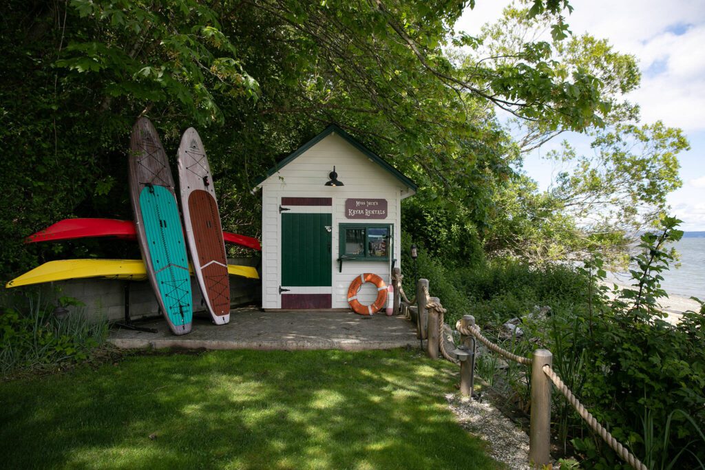 Miss Inch’s Kayak Rental at Ferry Cove refers to a “Parent Trap” character on May 29, 2024, in Clinton. (Ryan Berry / The Herald)

